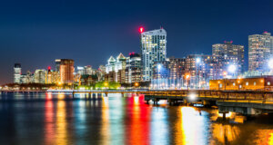 Jersey City skyline panorama by night